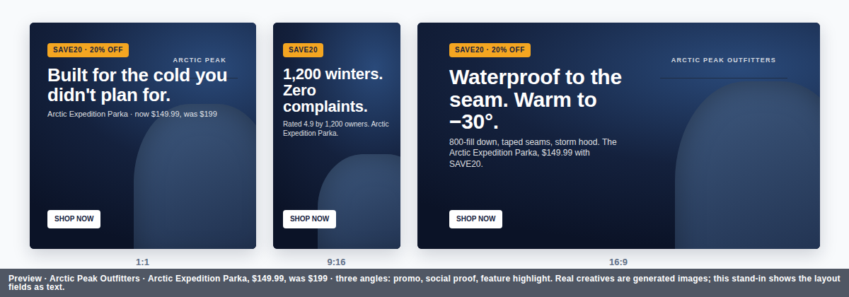 Three ad images for the Arctic Expedition Parka at square, vertical and horizontal ratios, each with a headline, a SAVE20 badge and a call to action.